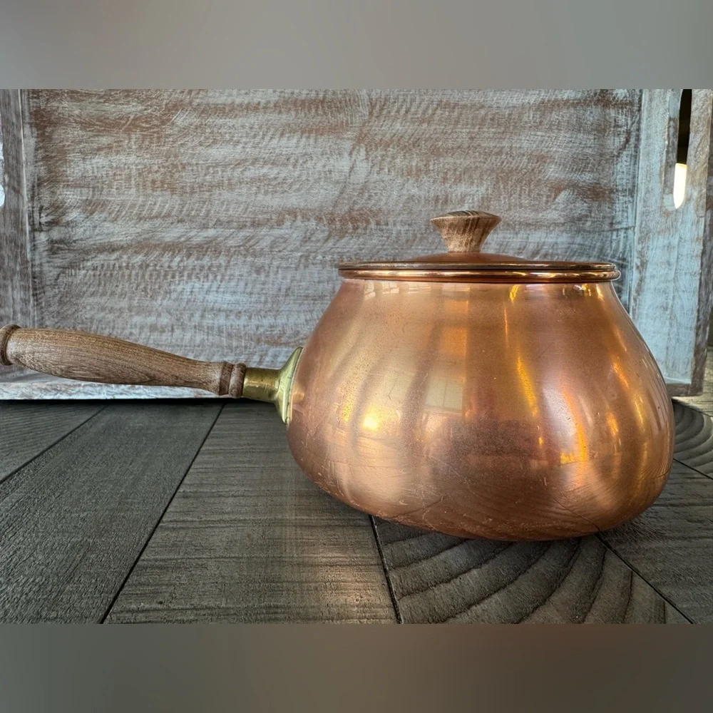 Vintage Tagus Copper Fondue:Pot With Wooden Handle (Made In Portugal)